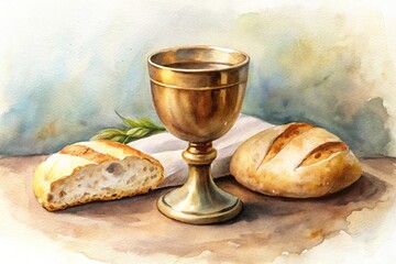 Eucharist celebration depicting Maundy Thursday in a Christian background, painted in watercolor from a low angle