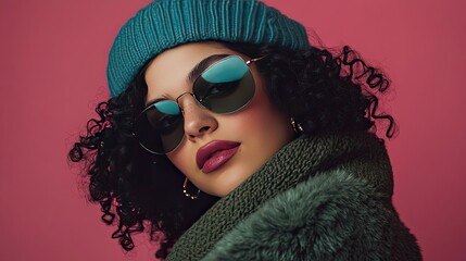 A young woman with curly hair is wearing a green hat and sunglasses. She looks confidently at the camera.