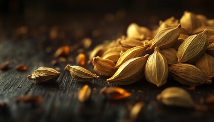 A pile of cardamom pods on a dark wooden surface, lit by warm light, with a few pods scattered nearby.