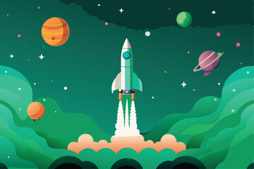 A rocket ship launches into space with a vibrant green background and planets in the distance.