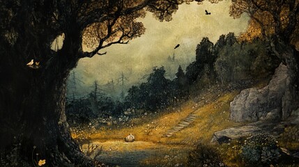 Fototapeta premium Enchanted Forest Path: A Mystical Landscape Painting
