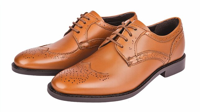 Pair of brown leather lace-up shoes with brogue detailing isolated on a white background.