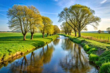 Extensive agricultural landscape with tree-lined stream in spring, depicted in a long shot