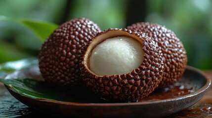 A close-up view of salak fruit, also known as snake fruit, with one cut open to reveal the white flesh. The fruit is on a wooden plate with a green leaf.