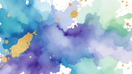 A vibrant watercolor splash in shades of blue, green, and purple, combined with subtle gold foil accents for a modern, artistic touch.