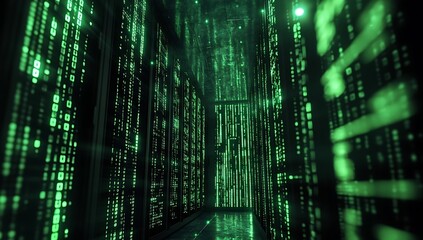 Data Center Computer Racks In Network Security Server Room Cryptocurrency Mining, 3D rendering illustration