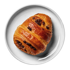 A pain au chocolat on a white porcelain plate, isolated on white, top view.