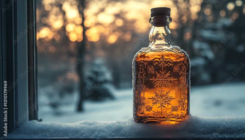 Poster frosted glass bottle with intricate ice patterns on snowy windowsill