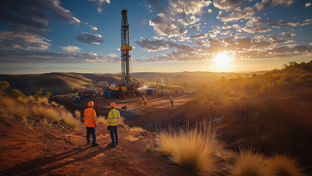 Construction engineers in the Australian Outback, surveying a gas drilling rig