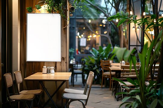 Outdoor cafe interior with blank poster. Mock up