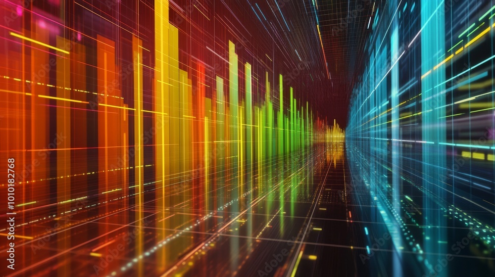 Poster dynamic data visualization with colorful bars and lines
