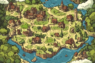 Fototapeta premium Fantasy village map with houses, river, forest, and clouds, top down aerial view