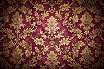 Fototapeta premium Extreme close-up baroque studio backdrop with ornate floral patterns and gold leaf accents in deep burgundy