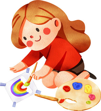 recommend clip art: A long-haired girl in a red shirt smiles while drawing with a paintbrush next to a rainbow painting and a colorful palette, hand-drawn watercolor digital  painting  illustration