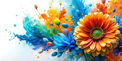 Obraz premium Extreme close-up colorful flower painting on white background with blue and orange colors and paint splash