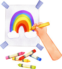 A rainbow painting on white paper, a hand holding a yellow colored pencil, and a pile of colorful crayons, hand-drawn watercolor digital painting illustration