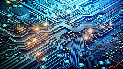 Extreme close-up electronic circuit board background with intricate circuits and pathways