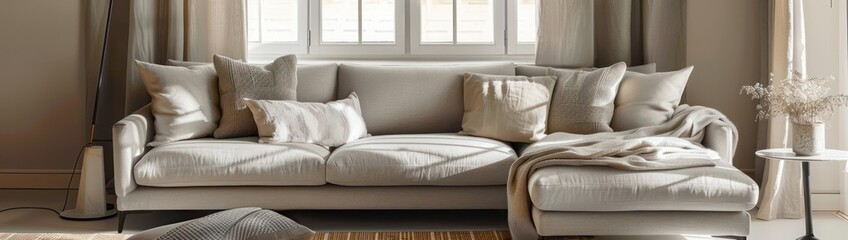 Grey sofa with cushions in interior of light living room