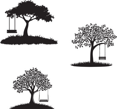Silhouette of a tree with a swing, tree collection with hanging swing vector