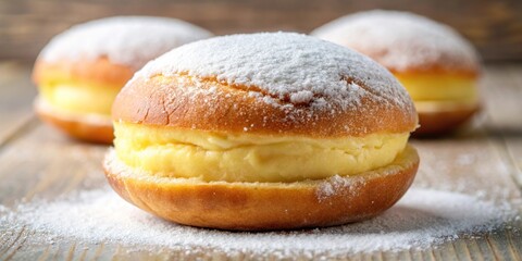 Extreme close-up image of a Bola de Berlim pastry, a Portuguese treat filled with sweet cream