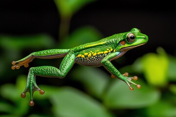 Fototapeta premium A vibrant green frog leaping through the air, with its legs fully extended and the rainforest canopy in the background.