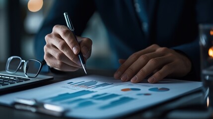 Business professional analyzing data on paper with a pen.
