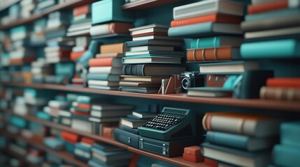 Books and a vintage typewriter on a wooden shelf, perfect for literature enthusiasts.