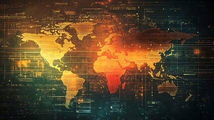 Obraz premium Digital World Map with Orange and Yellow Hues