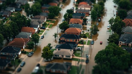 Aerial view of flooded residential area with submerged houses and streets.