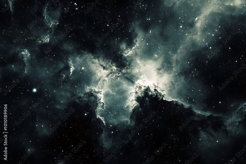 Poster Abstract dark space nebula background with glowing clouds and stars