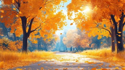 A Beautiful Autumn Landscape Featuring Yellow Trees and Sunlight in the Park