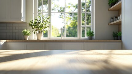 Obraz premium Wooden light empty table top in modern white kitchen, kitchen panel in interior