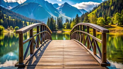 Obraz premium Extreme close-up of a picturesque mountain lake with a small bridge