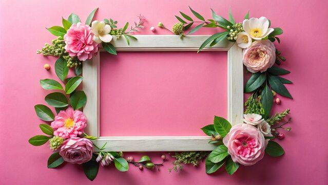 Extreme close-up of a picture frame with flowers and leaves on pink background