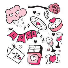 Valentines day doodle vector set. Hand drawn elements for Valentine's day. Theme of Love doodle illustration set