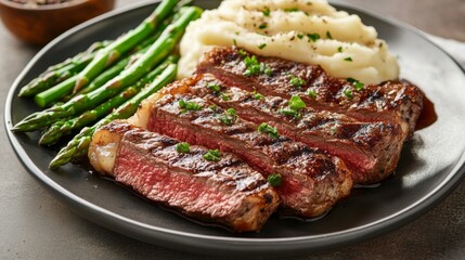 Grilled Steak with Mashed Potatoes and Asparagus