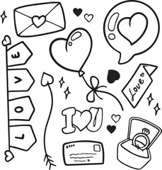 Valentines day doodle vector set. Hand drawn elements for Valentine's day. Theme of Love doodle illustration set