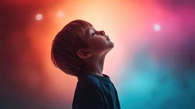 A thoughtful child gazing upwards, illuminated by colorful lights.
