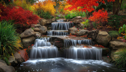 Fototapeta premium Tranquil autumn waterfall surrounded by vibrant red and orange foliage, creating a serene nature scene with gently flowing water over smooth rocks.
