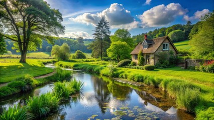 Obraz premium A tranquil stream winds through lush green fields, its waters reflecting the azure sky and fluffy white clouds, leading to a charming cottage nestled amongst the trees.