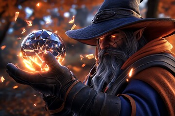A wizard holding a shattered crystal ball, reflecting on past magical failures, with glowing fragments floating in the air around them