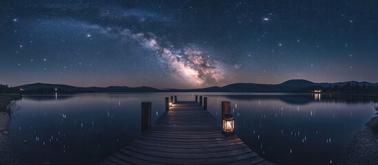 Wooden Dock Extending into a Still Lake under a Starry Sky