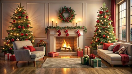 A cozy living room decorated for the holidays with a fireplace, two Christmas trees, presents, and a plush armchair and sofa.