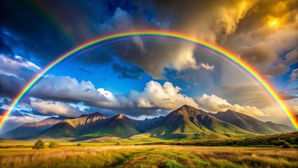 Obraz premium A vibrant rainbow arches over a verdant valley, nestled amidst a majestic mountain range, bathed in the golden glow of a setting sun.