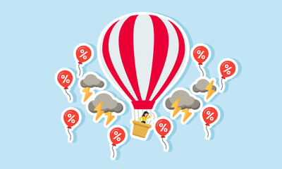 A businessman in a air balloon with a broken rope, caught in a storm of discount balloons, illustration of the unhealthy price competition from discount wars among business competitors.