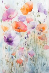 Watercolor painting of delicate pink, orange, and purple poppies in a field