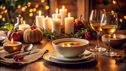 Fototapeta premium Warm Candlelight Illuminates a Rustic Autumnal Table Setting with a Bowl of Soup, Two Glasses of Wine, and Delicate Place Settings
