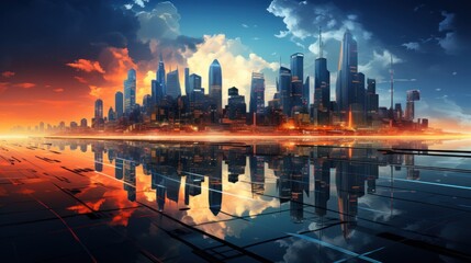 Fototapeta premium Futuristic Cityscape with Reflective Water