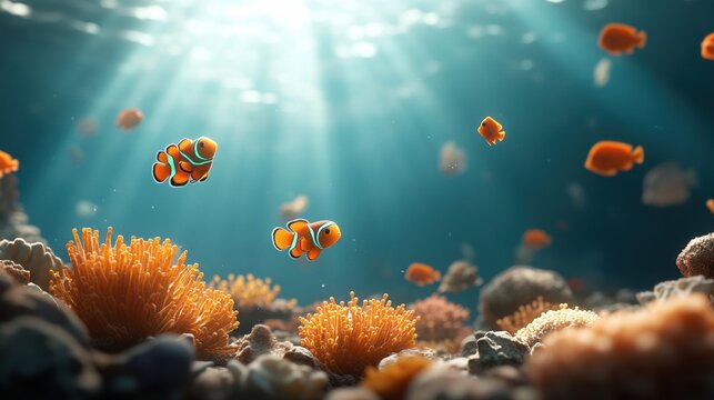 Colorful clownfish swimming among coral in a vibrant underwater scene.
