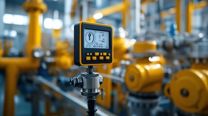 Fototapeta premium Digital pressure gauge in a factory setting with yellow machinery background